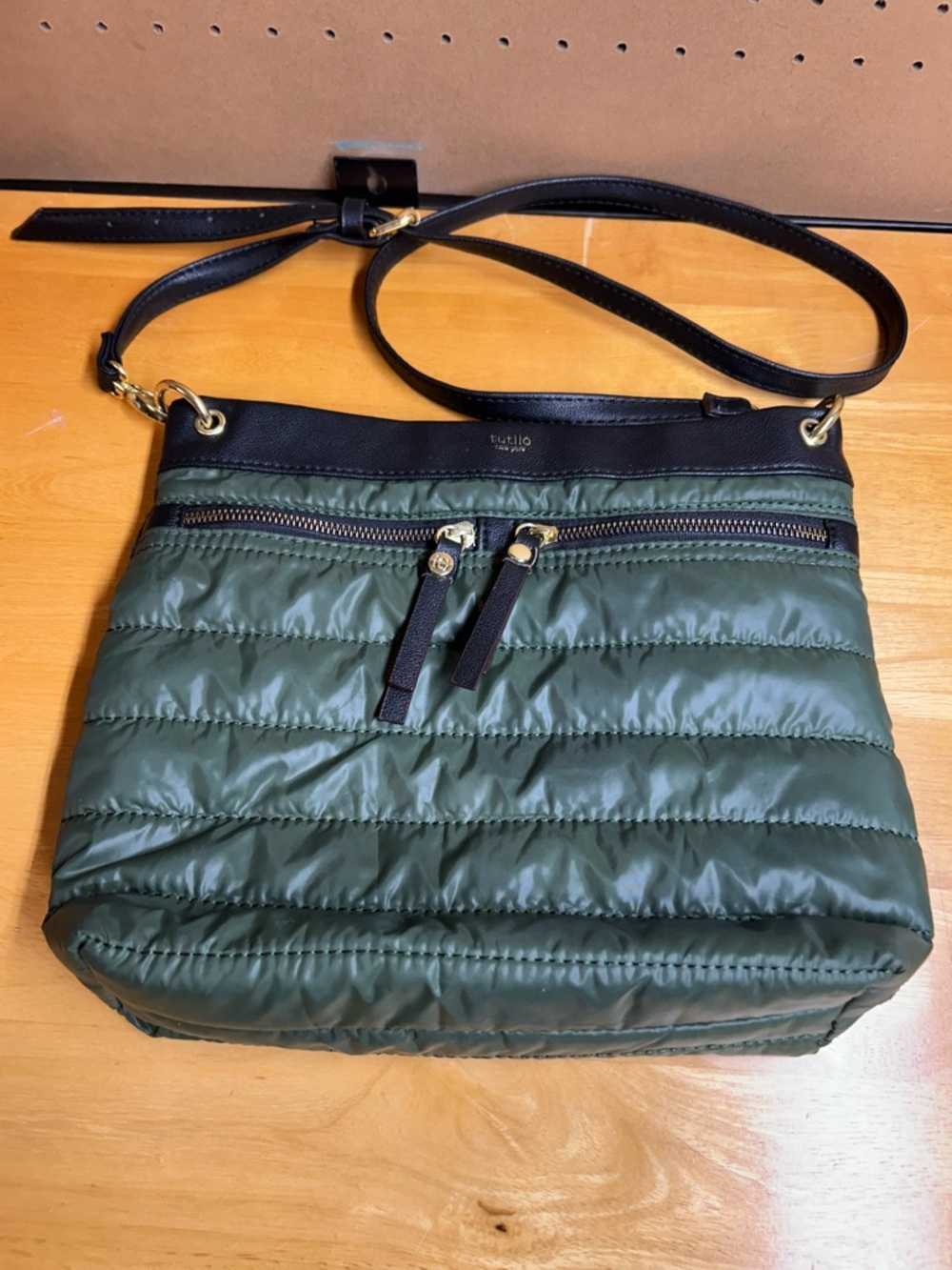 Tutilo New York Quilted Crossbody Bag in Olive Green with Black Trim